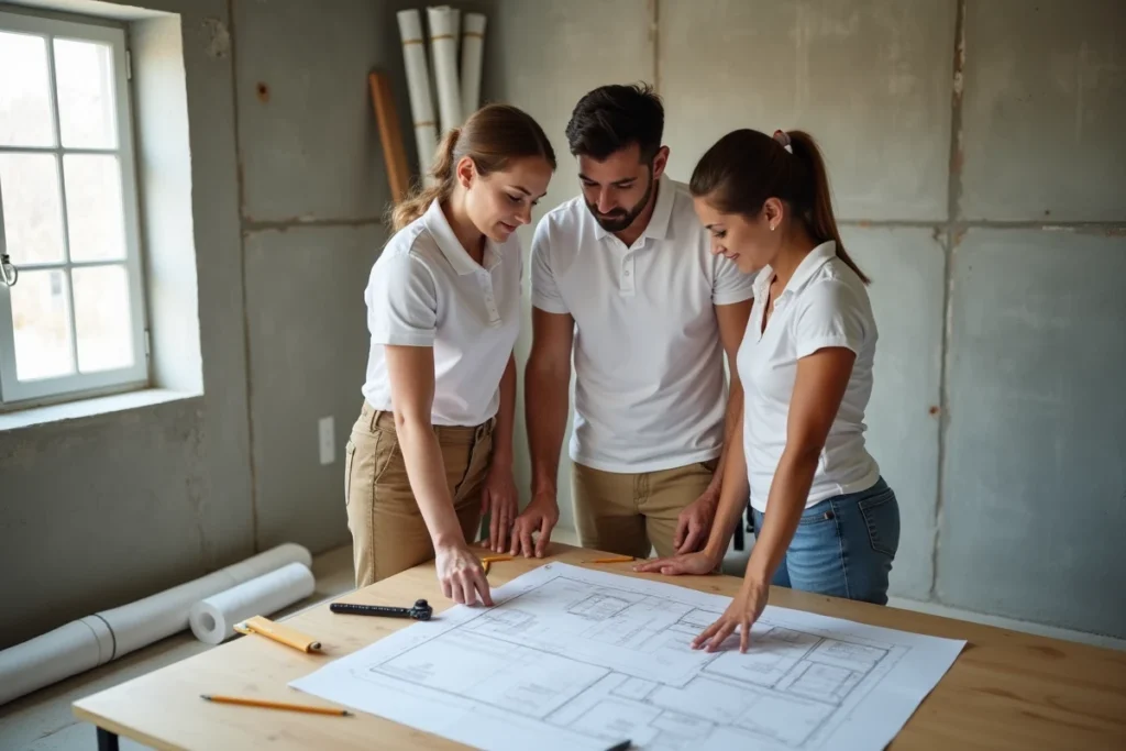 Artisan professionnelle et couple de propriétaires examinant les plans de rénovation dans une pièce en chantier