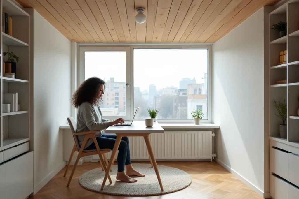 Bureau à domicile avec plafond en tasseaux bois frêne clair et femme travaillant sous un décor chaleureux