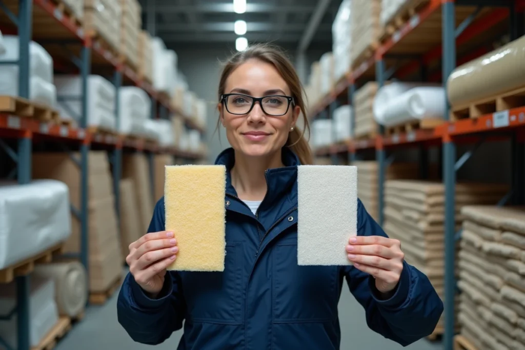Spécialiste en matériaux de construction comparant des échantillons d'isolation avec et sans toile en fibre de verre