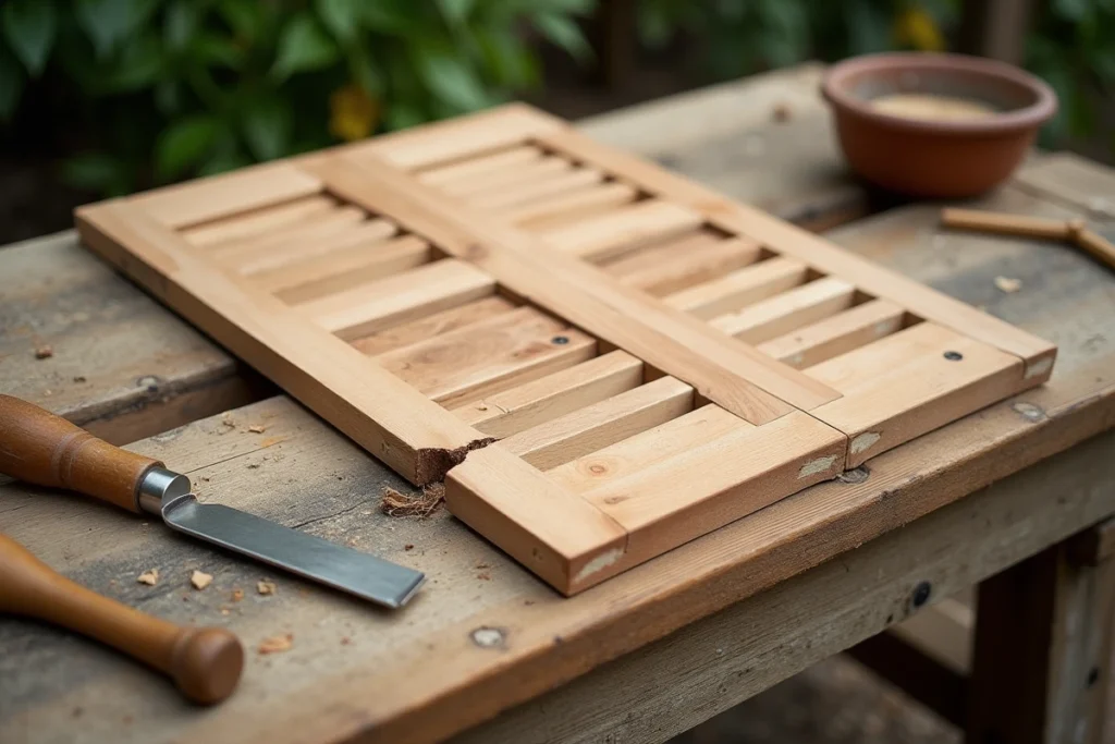 Détail d'un assemblage défectueux sur un volet en bois en cours de réparation avec outils de menuiserie