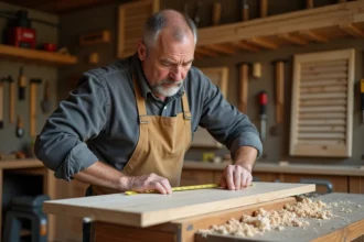 Artisan menuisier mesurant un panneau de volet en bois brut dans un atelier traditionnel