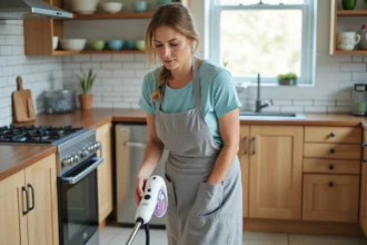 Femme utilisant un nettoyeur vapeur SilverCrest sur le carrelage d'une cuisine moderne