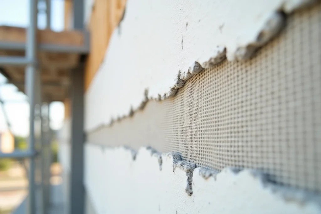 Gros plan sur une toile en fibre de verre intégrée dans un enduit d'isolation thermique par l'extérieur
