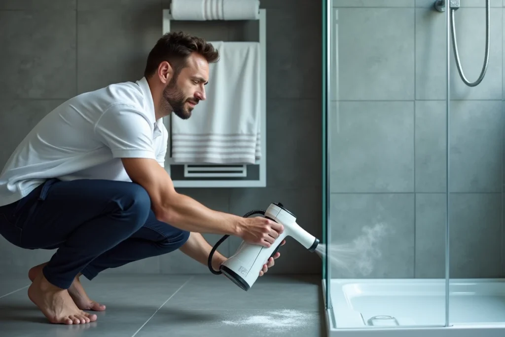 Homme nettoyant une paroi de douche en verre avec un nettoyeur vapeur SilverCrest