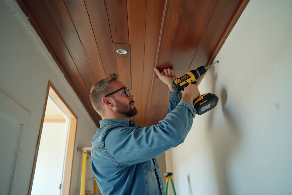 Artisan installant des tasseaux en bois noyer au plafond d'un couloir en rénovation