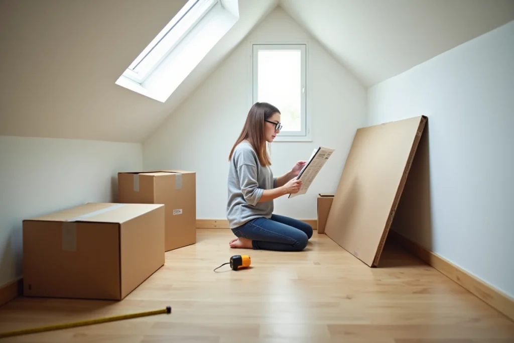 Femme assemblant un kit de meuble sous pente dans un grenier aménagé, alternative au menuisier sur mesure