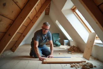 Menuisier professionnel mesurant un panneau en bois dans un espace comble avec pente pour un meuble sur mesure
