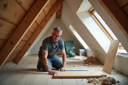 Menuisier professionnel mesurant un panneau en bois dans un espace comble avec pente pour un meuble sur mesure