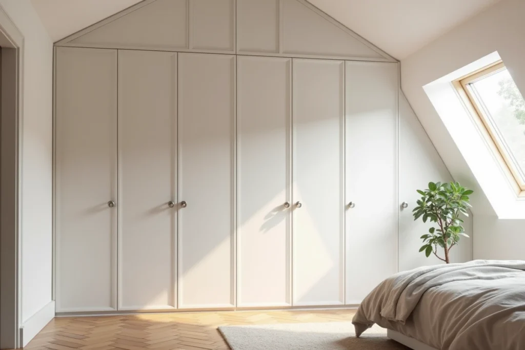 Meuble sur mesure intégré sous une pente de toit dans une chambre mansardée aménagée