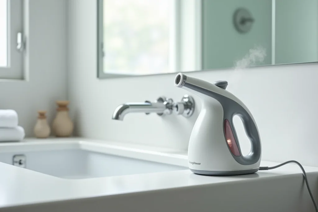 Nettoyeur vapeur SilverCrest Lidl posé sur le bord d'un lavabo dans une salle de bain
