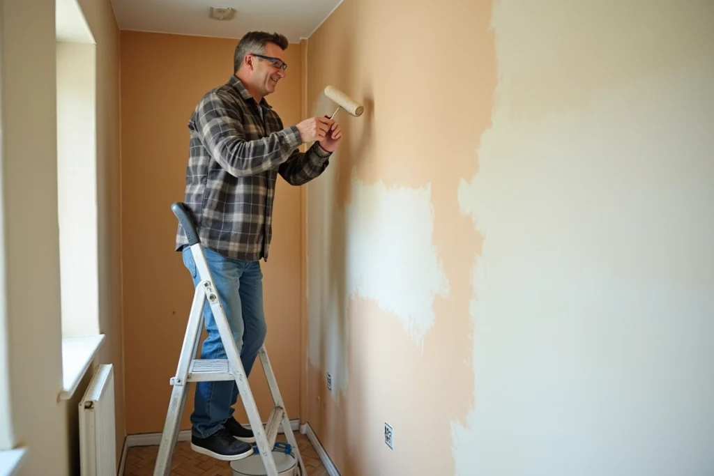 Propriétaire peignant lui-même les murs d'un couloir rénové, exemple de travaux DIY économiques lors d'une rénovation maison