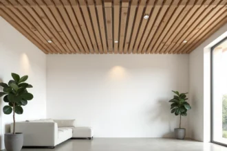 Plafond en panneaux tasseaux bois chêne naturel dans un salon scandinave moderne aux murs blancs