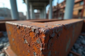 Gros plan sur une poutre en fer fortement corrodée avec des couches de rouille et une oxydation profonde sur un chantier industriel