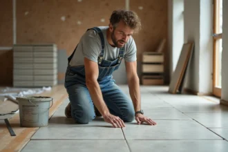 Propriétaire posant lui-même du carrelage dans une cuisine en cours de rénovation, illustration du mix travaux DIY et artisan