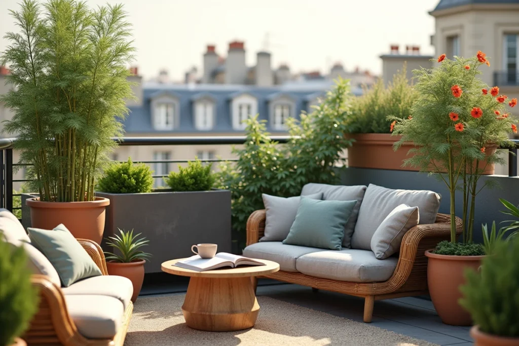 Coin détente aménagé sur un rooftop parisien avec canapé en rotin, plantes succulentes et vue sur les toits de la ville