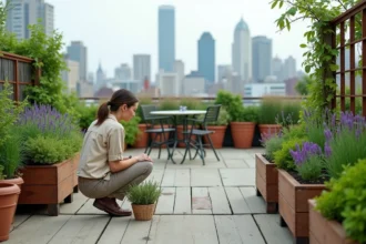 Femme entretenant un jardin sur rooftop urbain avec des jardinières en bois, plantes aromatiques et skyline de la ville en arrière-plan