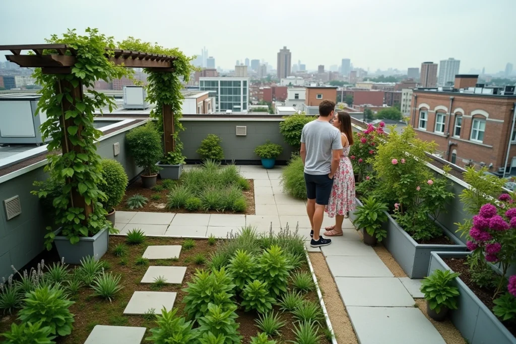 Vue plongeante sur un rooftop entièrement aménagé en jardin avec pergola, massifs fleuris et deux personnes explorant l'espace végétalisé