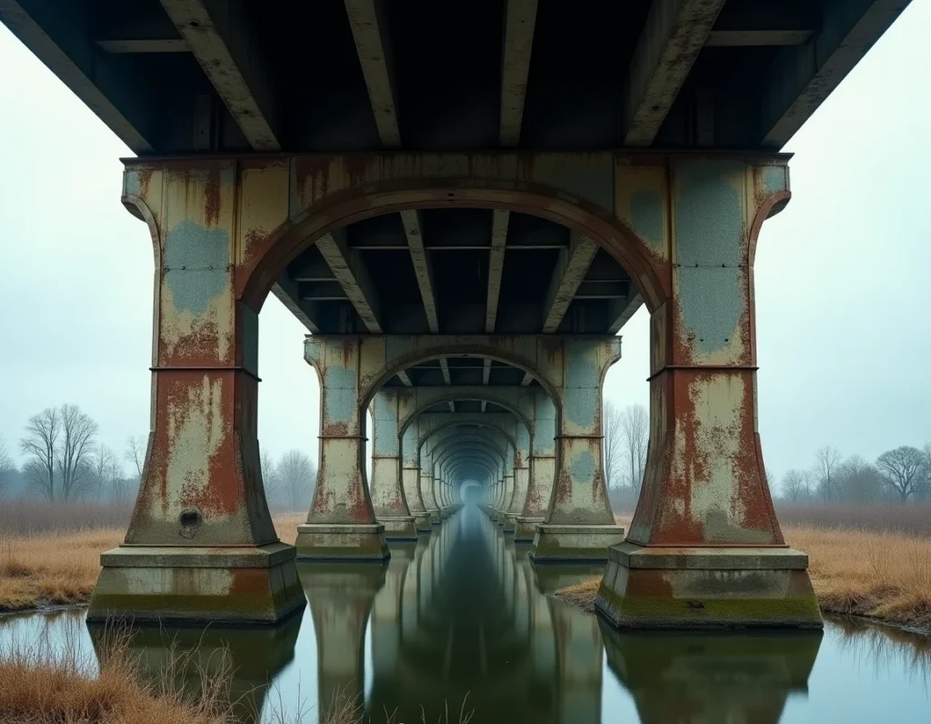 Vue grand angle de la sous-structure d'un vieux pont en fer avec des poutres métalliques rouillées et des zones de dégradation visibles en milieu urbain