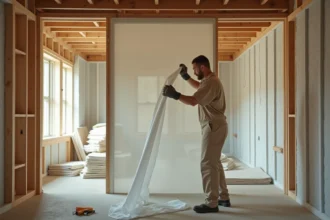 Ouvrier appliquant une toile en fibre de verre sur un panneau d'isolation thermique dans une maison en rénovation