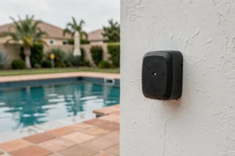 Détecteur d'alarme de piscine fixé sur un mur extérieur blanc au bord d'une piscine privée résidentielle