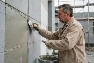 Ouvrier appliquant un enduit extérieur sur des panneaux de polystyrène expansé pour éviter les ponts thermiques sur une façade de maison
