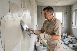 Artisan appliquant un enduit MAP à la taloche sur un mur intérieur en chantier de rénovation