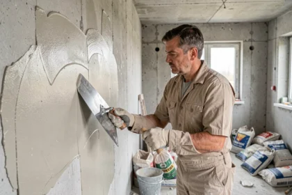 Artisan appliquant un enduit MAP à la taloche sur un mur intérieur en chantier de rénovation