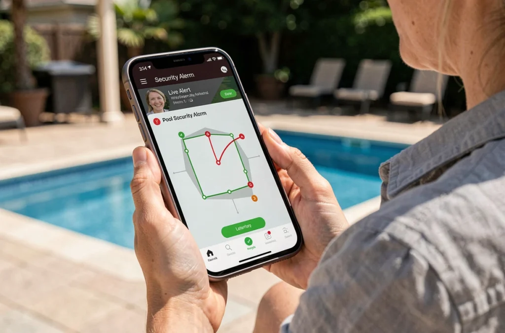 Femme consultant l'application mobile de contrôle d'alarme de piscine sur son smartphone dans le jardin