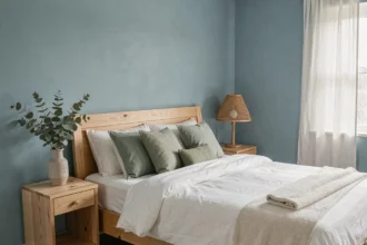 Chambre adulte apaisante avec murs bleu poudré, literie en lin blanc et touches de vert sauge pour une décoration reposante