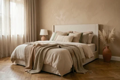 Chambre apaisante aux tons beige chaud avec accents vert sauge et terracotta, tête de lit en lin naturel et parquet chêne