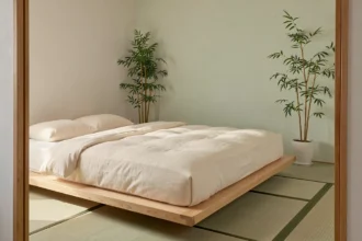 Chambre japonaise minimaliste avec matelas en latex naturel sur cadre en bois, literie en lin biologique et plante de bambou, idéal pour les personnes allergiques