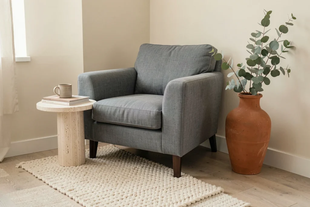 Coin chambre avec fauteuil bleu-gris, table en travertin et vase terracotta sur fond de mur beige crème