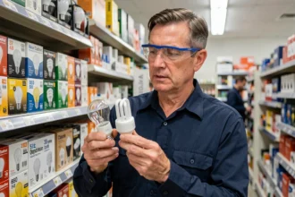 Électricien comparant trois types d'ampoules LED, halogène et fluocompacte dans un magasin de bricolage