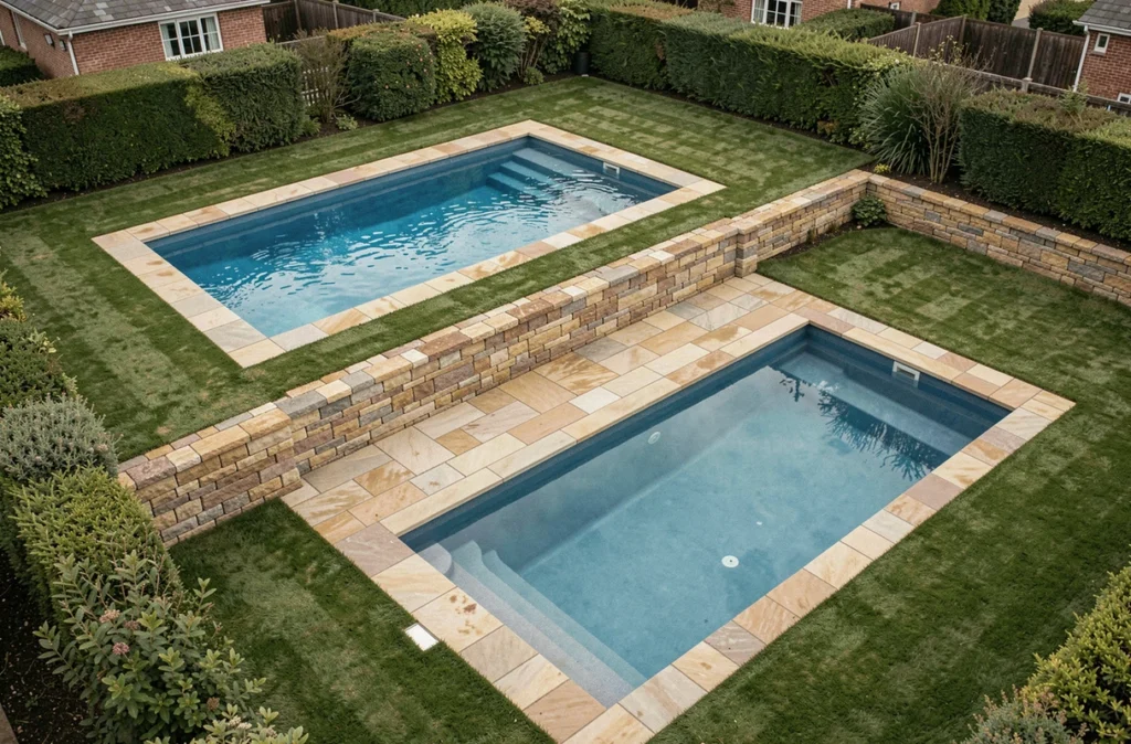 Vue aérienne d'un jardin montrant une piscine hors-sol et une piscine enterrée sur deux niveaux de terrain différents