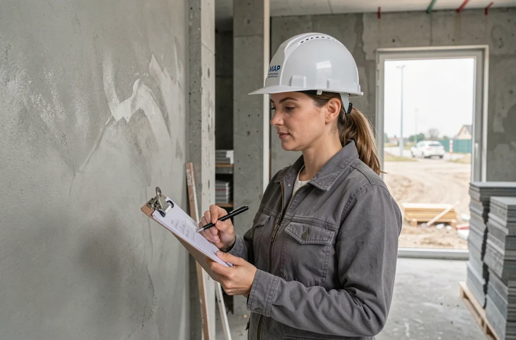 Conductrice de travaux inspectant un mur enduit au MAP dans un bâtiment neuf en chantier