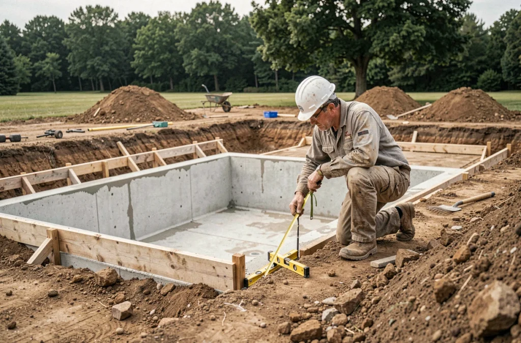 Entrepreneur en construction mesurant le sol lors de l'excavation pour une piscine enterrée dans un jardin plat