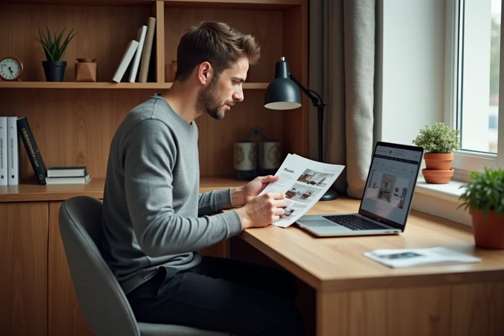 Homme consultant une brochure tarifaire de décoration intérieure dans un bureau à domicile aménagé