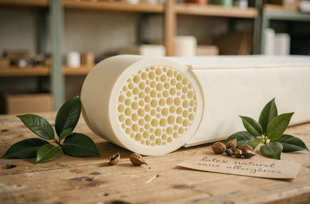 Gros plan sur la structure cellulaire d'un matelas en latex naturel Talalay coupé en section, accompagné de feuilles d'hévéa, illustration des propriétés hypoallergéniques du latex japonais