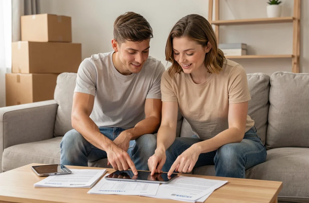 Couple consultant une liste de démarches administratives lors d'un déménagement dans leur nouveau appartement