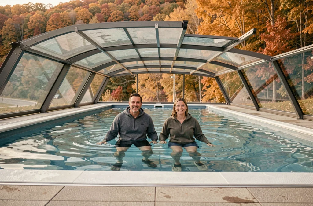Couple nageant dans une piscine couverte par un abri télescopique bas avec vue sur une forêt aux couleurs d'automne pour prolonger la saison de baignade