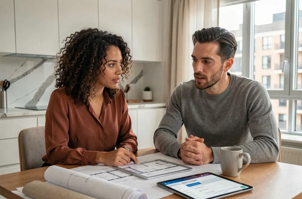 Couple de professionnels étudiant des plans de construction et un logiciel de permis de construire sur tablette dans une cuisine moderne