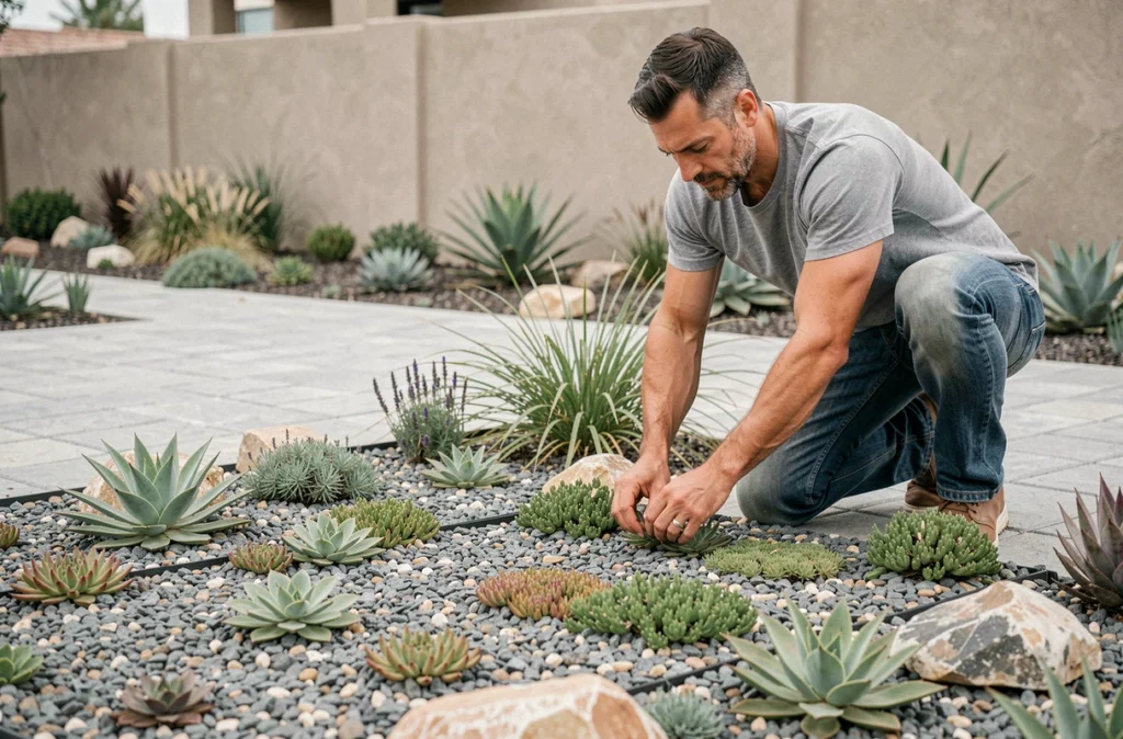 Homme inspectant un jardin de graviers et de succulentes avec couverture de sol pour réduire la consommation d'eau