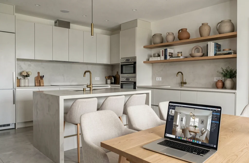 Cuisine et salle à manger design ouvertes sur un espace lumineux avec application de home staging visible sur un ordinateur portable pour valoriser un bien immobilier