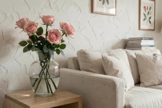 Coin salon décoré avec des roses rose pâle dans un vase en verre ancien sur une table en chêne, ambiance raffinée et naturelle