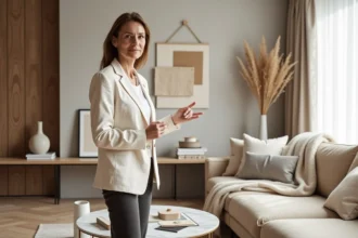 Décoratrice d'intérieur présentant des échantillons de décoration dans un salon moderne aux tons neutres