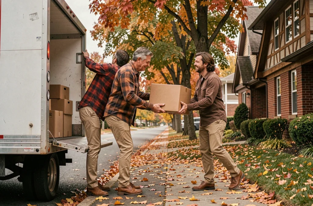 Couple déchargeant des cartons d'un camion de déménagement devant une maison en automne avec des feuilles colorées
