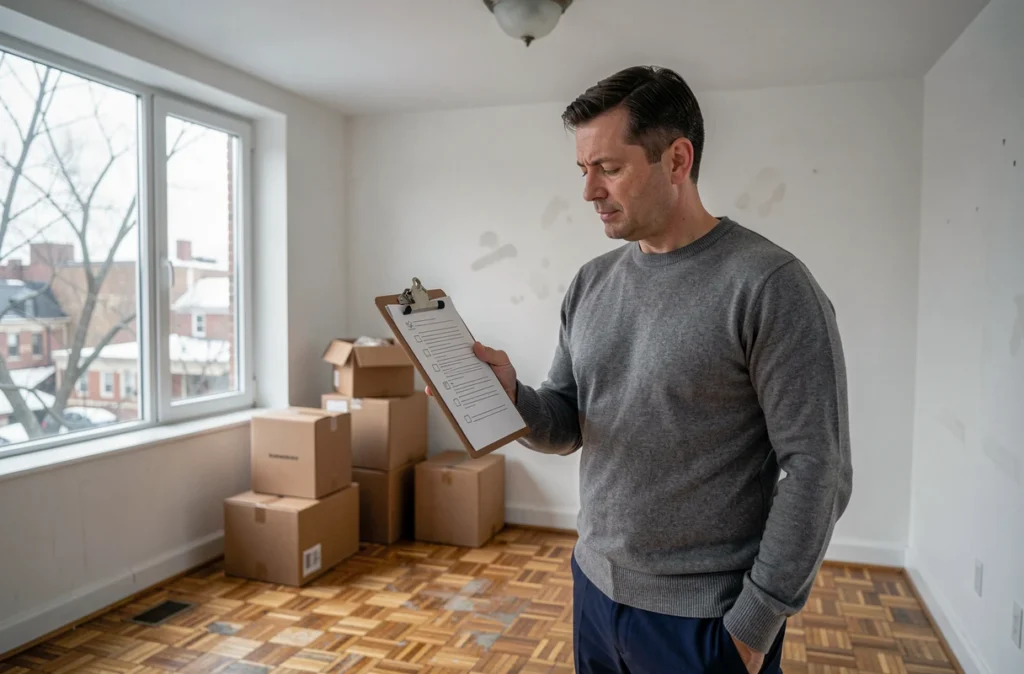 Homme consultant une liste de contrôle dans un appartement vide en hiver avant un déménagement en basse saison