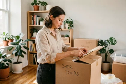 Femme qui emballe ses affaires dans des cartons au printemps pour un déménagement bien planifié