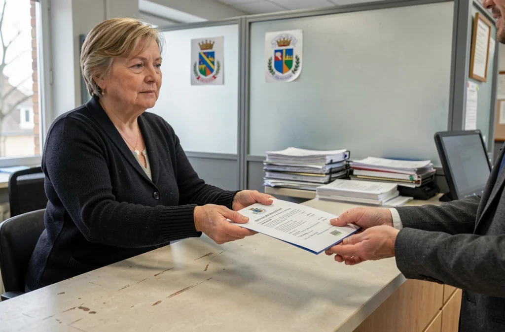 Remise d'un dossier de permis de construire piscine en mairie par un agent administratif
