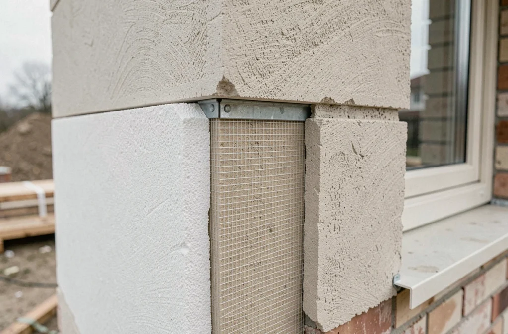 Détail en coupe d'un système d'isolation thermique par l'extérieur avec polystyrène, treillis et enduit de finition pour supprimer les ponts thermiques